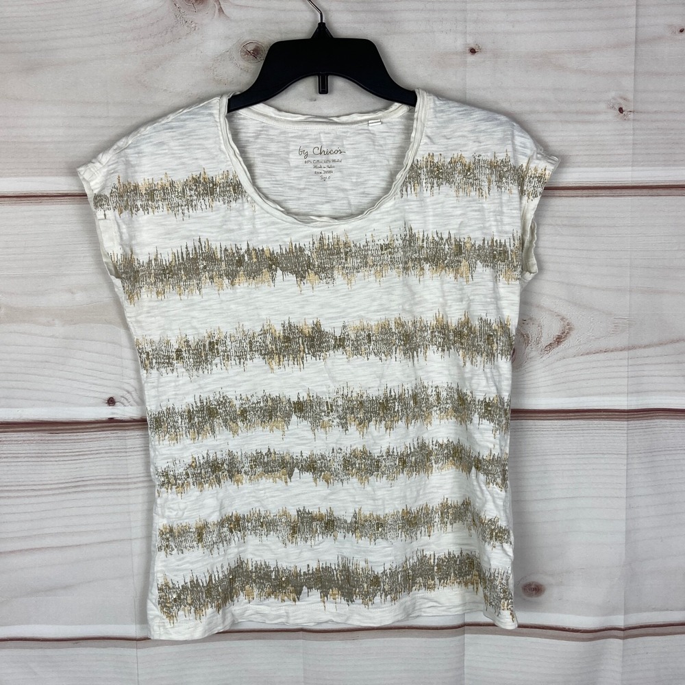 By Chicos Top Womens 0 S White Stripe T-Shirt Scoop Neck Sequin Cap Sleeve Knit